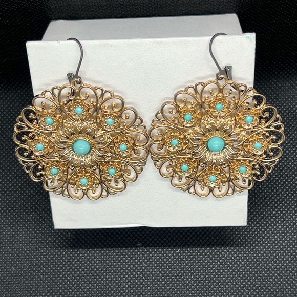 Charming Charlie teal and gold toned round mandala statement earrings - Picture 4 of 6